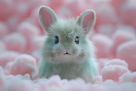 散粉球粉球云朵床上的绿兔子插画