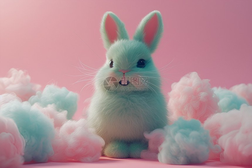 粉色云朵中的绿色兔子图片