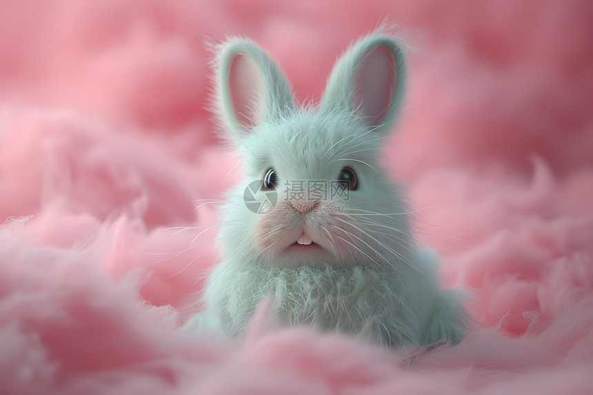 粉色仙境中的棉花糖小兔子图片
