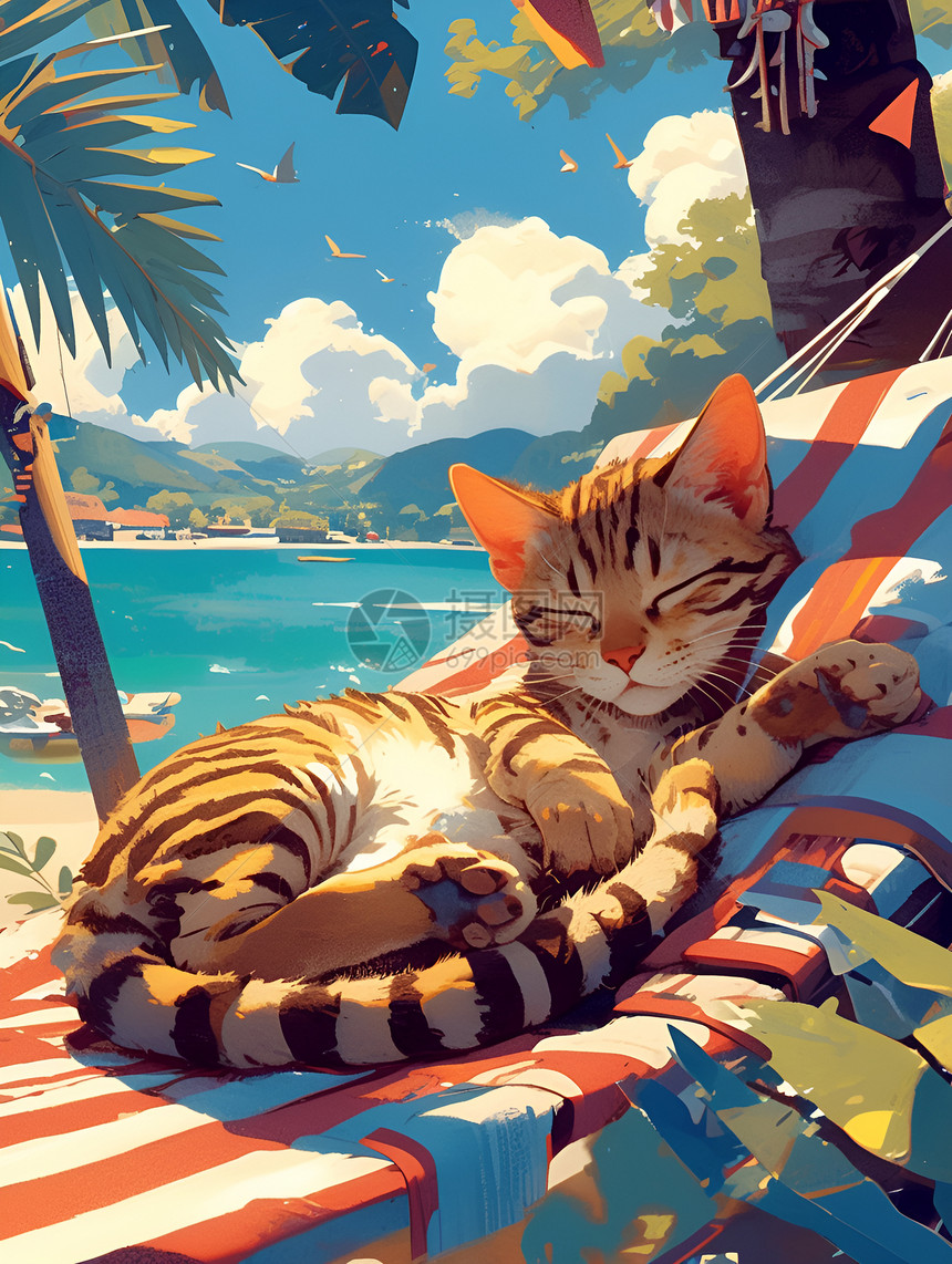 海滩吊床上的猫咪图片