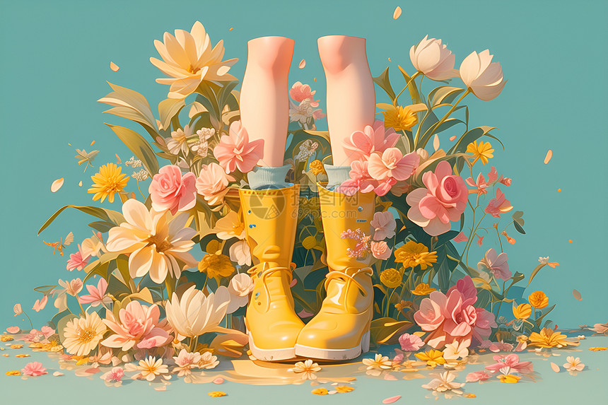鲜花与黄靴图片