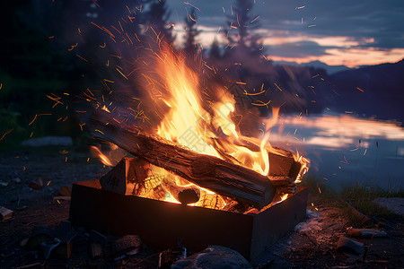 温暖的露营夜晚湖畔的篝火背景