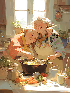 厨房里做饭的两位女性背景图片