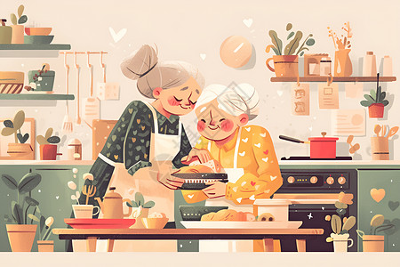 两位老太太在厨房里忙碌背景图片