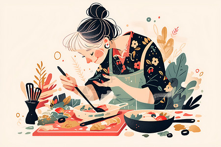 老年女性打电话享受做饭的女性插画