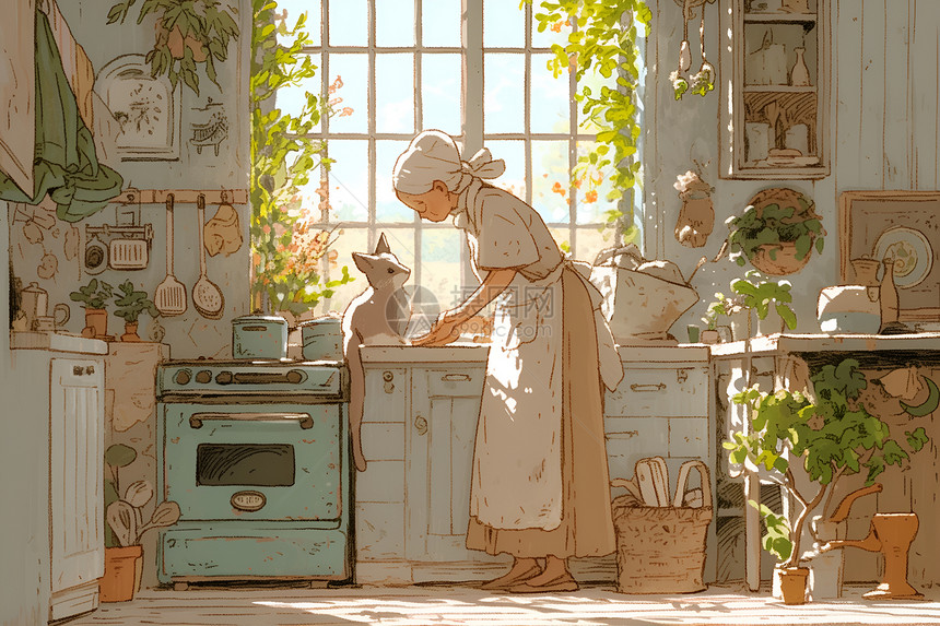 老奶奶和猫咪在厨房里做饭图片