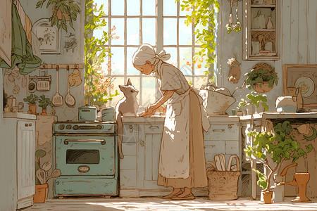 老奶奶和猫咪在厨房里做饭背景图片
