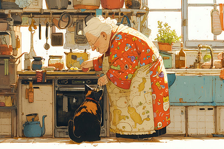老奶奶和猫咪在厨房做饭背景图片