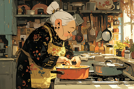 老太太在厨房做饭背景图片