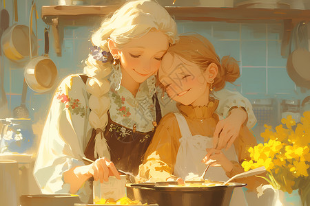 奶奶和孙女一起做饭背景图片