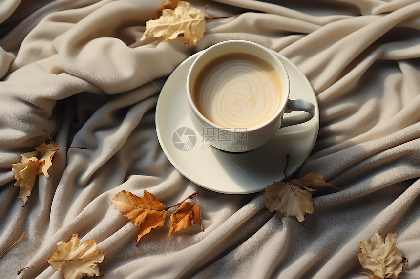 一杯咖啡和树叶图片