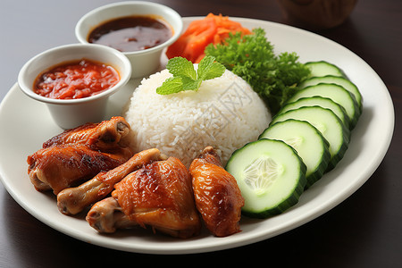 鸡肉米饭美味的海南鸡饭套餐背景