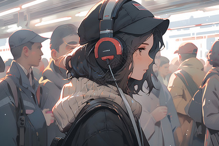 地铁听歌地铁上听歌的女孩插画