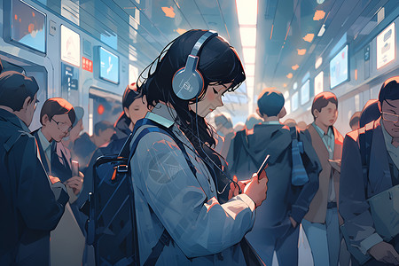地铁耳机地铁中的乘客插画
