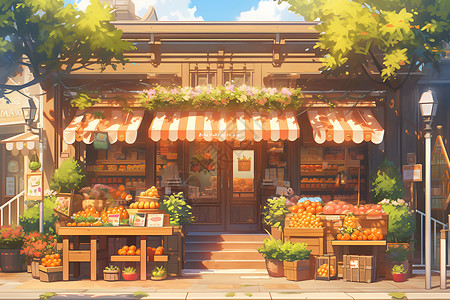 建筑彩绘街边的果蔬商店插画