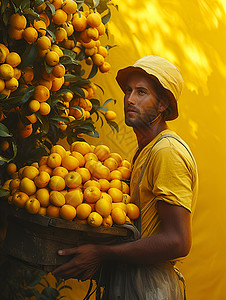 男人搬运装满果实的盆背景图片