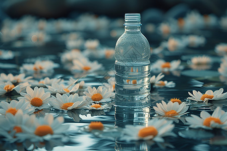 静谧池塘上漂浮着一瓶水背景图片