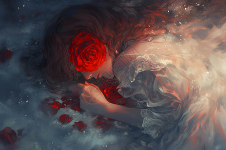 平躺睡觉雪地的玫瑰和女人插画