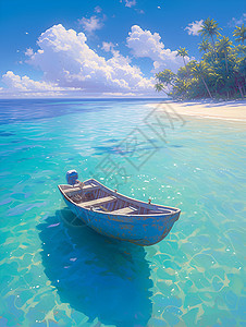 静谧海岸下的小蓝船背景图片