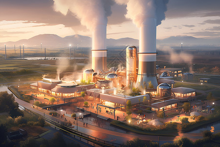 垃圾焚烧发电厂城市内的发电厂绘画插画