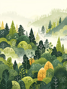 人与自然和谐共生和谐共生的绿色森林插画