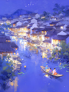 夜幕下的江南水乡背景图片