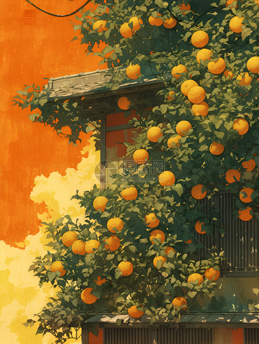 房屋树木前的橙子图片