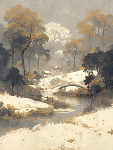 绘画的山间小桥背景图片