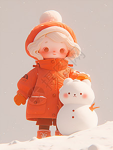 雪地中的雪人和女孩背景图片