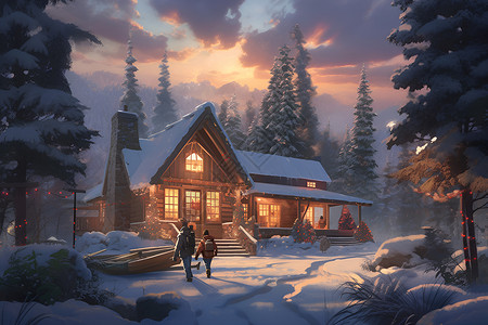 小屋在雪夜背景图片