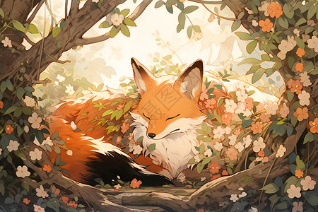 优雅而安静狐狸坐在花环树上插画