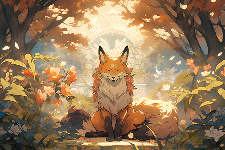 拿花朵狐狸树林中的狐狸插画