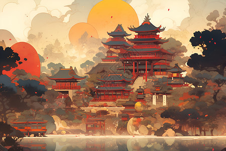 泸沽湖夕阳映照夕阳映照下的中国山水画插画