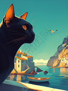 猫咪俯瞰海景插画