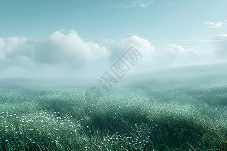 雾气袅袅挂满水珠的绿草地插画
