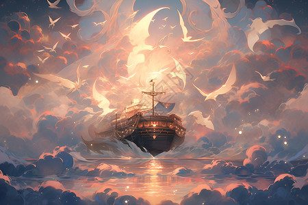 海上梦幻帆船背景图片