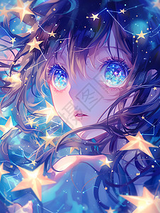 环绕星空星星环绕的少女插画