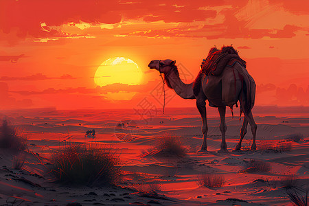 夕阳下的沙漠骆驼背景图片
