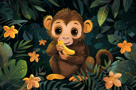 卡通香蕉奇趣丛林猴子插画