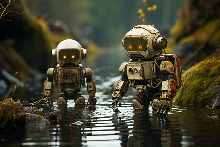 小溪行走的机器人背景图片