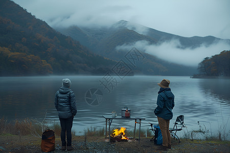 湖畔篝火背景图片