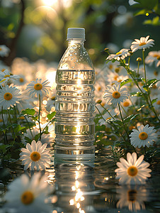 拿瓶子清澈池塘中的水瓶设计图片
