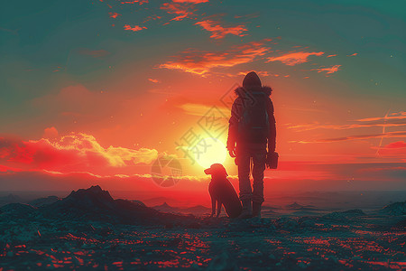 落日余晖下男子与狗背景图片