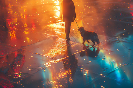 夜晚雨中的人和狗背景图片