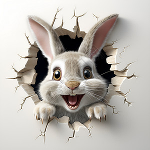 墙上绘画墙上冒出的可爱兔子插画