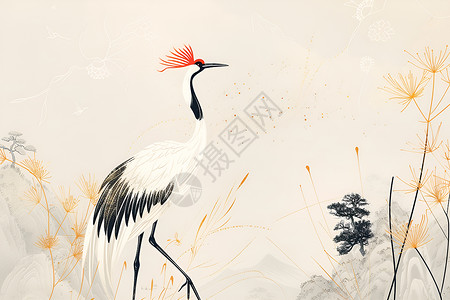 美丽的丹顶鹤走在山间背景图片
