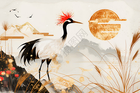 山石间起舞的丹顶鹤背景图片