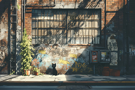 绘画中阳光照耀的黑猫背景图片