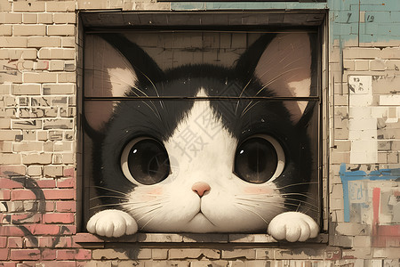 墙壁窗口的猫咪绘画背景图片