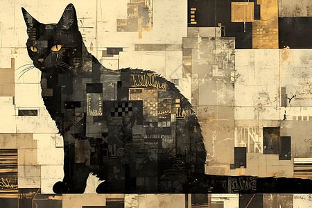 猫咪图案几何涂鸦的黑猫插画
